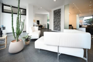 Moderne Wartezone in Business-Lounge - photoart hübner business Helle, elegante Wartezone mit weißen Sofas und Pflanzen im modernen Büroambiente.
