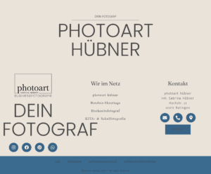 Fotografen-Visitenkarte mit Kontaktinformationen und Social Media Icons - photoart hübner business Professionelle Business- und Unternehmensfotografie für Personal Branding.